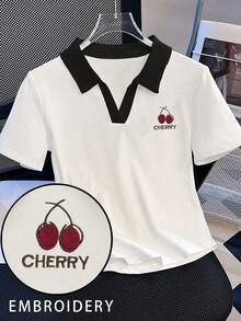 INAWLY 樱桃图案短袖休闲百搭女式T恤，夏季 - 白色 - 查看 3