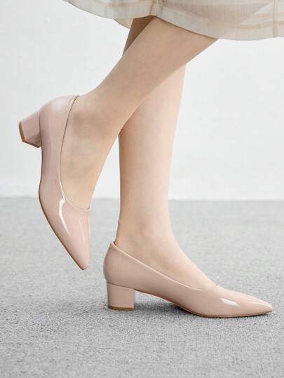 CUCCOO BIZCHIC 杏色尖头粗跟性感时尚女式高跟鞋，适合日常通勤、休闲装和工作