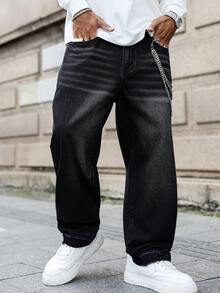 Manfinity EMRG Men's Casual Loose Fit Distressed Black Denim Jeans, Perfect Holiday Gift For Boyfriend & Husband Black Baggy Jeans Men Men Jeans Loose Fit Black Mens Jeans