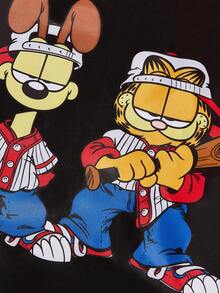 GARFIELD | SHEIN 1 个可爱卡通人物印花涤纶可折叠购物袋、手提袋，配有带珠链的小储物袋，可挂在包上，猫、狗、棒球 - 黑色 - 查看 6