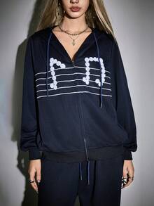 ROMWE Avant Bộ 2 áo hoodie có khóa kéo in nốt nhạc thường ngày dành cho nữ và quần dài - Màu xanh hải quân - Xem 2