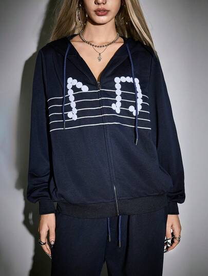 ROMWE Avant 2 pièces Ensemble de veste à capuche zippée et pantalon imprimé de notes de musique décontracté et quotidien pour femmes