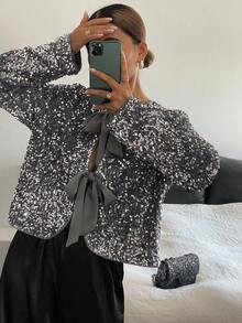 Livesso 女士时尚派对宴会前系带亮片长袖上衣闪亮上衣 - 灰色 - 查看 1