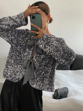 Livesso Chemisier à manches longues avec nœud devant et sequins, pour les soirées et les banquets