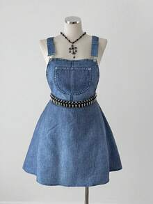 Sunspun Plus Size Autumn/Winter Pocket Elastic Waist Criss-Cross A-Line Knee-Length Denim Effect Print Elegant Vacation/Party Dress For Women