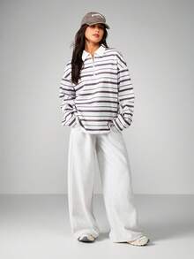 MISSGUIDED Áo nỉ chui đầu kẻ sọc có khóa kéo nửa cổ, tay dài thoải mái, phong cách bóng bầu dục - Màu Xám nhạt - Xem 3