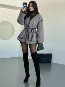 Firerie Damen Lässige elegante Kontrast-Farben Dekorative Strickjacke/Gürtel Taille Kontrast-Farben Feiner Rand Tweed Jacke/Braune Jacke Herbst Damen Kleidung/Herbst Outfits Damen/Winterkleidung für Damen/Winter Outfit für Damen/Schule Outfits Damen/Lehrerbekleidung/Business Lässig Frau