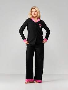 Missguided x Playboy Christmas Button Down Pajama Set With Logo - Black - View 1