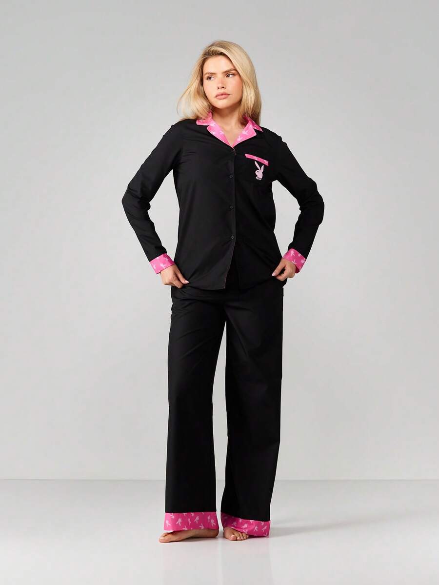 Missguided x Playboy Christmas Button Down Pajama Set With Logo - Black - View 1