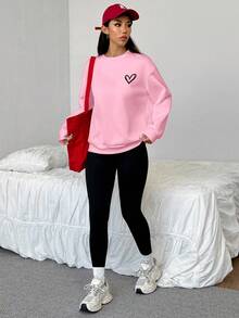 SHEIN EZwear Bộ 2 áo nỉ cổ tròn rộng in họa tiết trái tim và quần legging bó, Thu/Đông - Nhiều màu - Xem 5