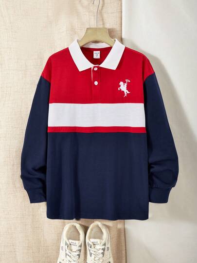 Camisa polo casual de niño con bordado de dibujos animados, manga larga, parches de color contrastante, nueva llegada para otoño