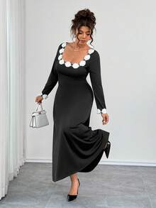 Elenzga Plus Size Crew Neck Floral Decor Waist Cinched A-Line Long Sleeve Dress, Elegant For Outings, Dates, And Gatherings - Black - View 5