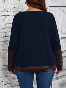 EMERY ROSE 大码女式纯色条纹拼布圆领宽松休闲长袖 T 恤，秋季女装 - 藏蓝色 - 查看 2