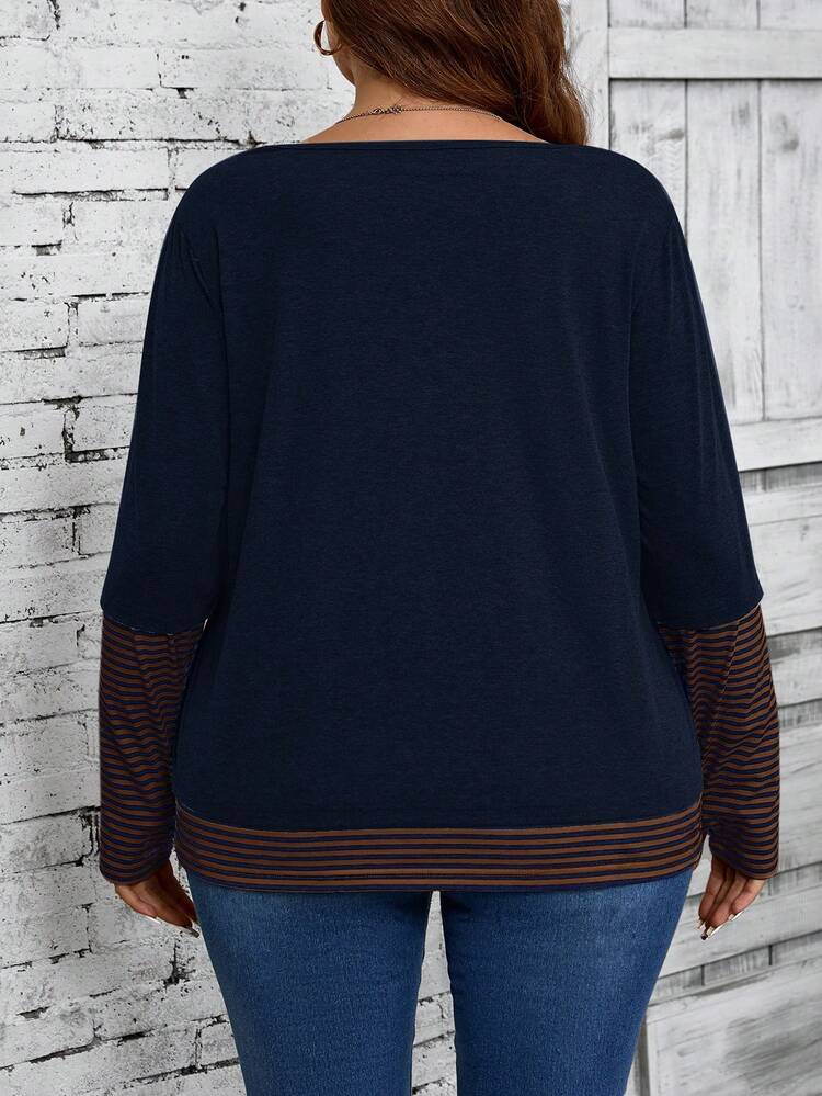 Plus Size Women Solid Colored Stripe Patchwork Crew Neck Loose Casual Long Sleeve T-Shirt,Fall Women Clothes