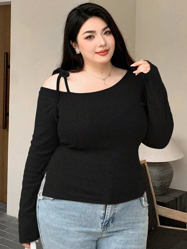 Dazy Plus Plus Size Slim Fit Solid Color Open Shoulder Drawstring Tie T-Shirt, Spring/Summer/Autumn Long Sleeve Women