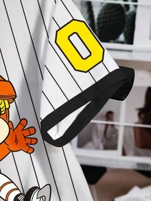 Nick 90s | SHEIN 女士休闲条纹卡通图案圆领短袖T恤，夏季 - 白色 - 查看 3