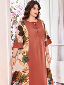 SHEIN Lacomfia 大码女式阿拉伯风格宽松休闲连衣裙，圆领，系腰，七分袖，拼接 - 彩色 - 查看 4