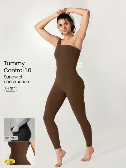 GLOWMODE 24" FeatherFit™ Asymmetrical Neck Tummy Control Shapewear Sports Jumpsuit Low Impact Yoga Daily