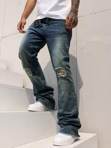 Manfinity LEGND Men's Casual Washed Distressed Flare Jeans Men Flare Jeans