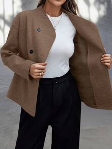 EMERY ROSE 女士纯色长袖双排扣休闲宽松夹克，秋冬 - 咖啡棕 - 查看 6