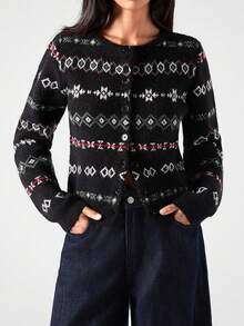 LYSMO 2025 New Arrive Minimalism Winter Black All-Over Print Button Front Casual Long Sleeve Cardigan Sweater Winter For Women New Year Look And Christmas For Women For Going Out, Streetwear, And Stockholm Style - Multicolor - View 3