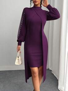 SHEIN Clasi 女式优雅圆领网眼拼接泡泡装饰长袖连衣裙超长款女装 - 中紫紅色 - 查看 3