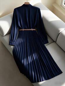 Franclia Áo sơ mi dài tay trơn màu đa năng, dễ mặc khi đi làm, kết hợp với chân váy chữ A, chân váy xếp ly, chân váy dài, kèm thắt lưng, Xuân/Thu, Bộ vest nữ màu kaki, Bộ đồ 2 món cho nữ, Váy nữ, Trang phục thu/xuân, Trang phục thường ngày cho nữ, Đồng phục giáo viên nữ - Màu xanh hải quân - Xem 2