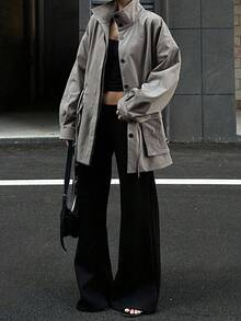 DAZY 女士立领收腰防风夹克，休闲中长款外套 - 灰色 - 查看 2