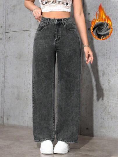 Jeanoix 女式高腰口袋阔腿宽松休闲百搭牛仔裤