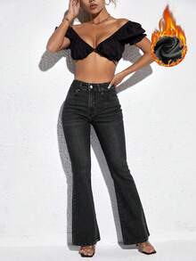 SHEIN PETITE 女式高腰口袋喇叭休闲百搭牛仔裤 - 黑色 - 查看 4