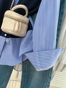 Elamini Women's Autumn/Winter 2 In 1 Navy Blue Knit Vest & Striped Long Sleeve Shirt