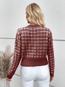 EMERY ROSE Women's Elegant Plaid Pattern Contrast Trim Button-Up Cardigan, Suitable For Work Commute, Autumn - Rust Brown - View 2