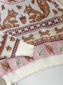 Franclia 女式基本款休闲松鼠印花圆领长袖毛衣 - 粉色 - 查看 6