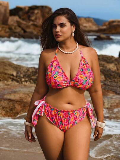 Swim Vcay Plus Size Women Floral Print 2pcs Halter Backless Triangle Bikini Set Set