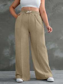SHEIN Cottnline Plus Drawstring Waist Wide Leg Pants - Camel - View 4