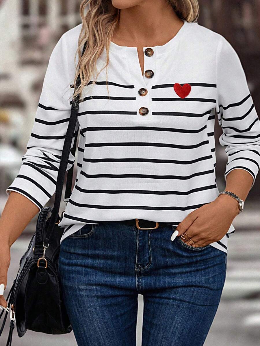 EMERY ROSE 全新大码女式时尚心形条纹印花纽扣袖口长袖T恤 - 彩色 - 查看 1