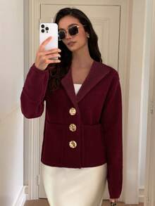 Elyressa 女士休闲前扣口袋开衫，适合通勤，秋季 - 酒紅色 - 查看 5