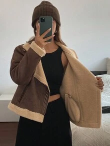 Livesso 女士休闲宽松翻领常规款夹克，秋季女式外套 - 咖啡棕 - 查看 7