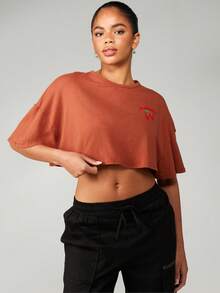 Missguided x Playboy 超大号短款樱桃 T 恤短袖休闲夏季棉质 T 恤，带有复古设计个性图案，周末休闲上衣 - 咖啡棕 - 查看 4