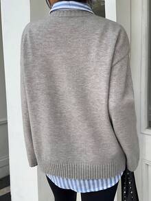 Siren Gaze Women's Casual Loose Fit Round Neck Drop Shoulder Long Sleeve Knight Pattern Sweater, Autumn/Winter - Grey - View 3