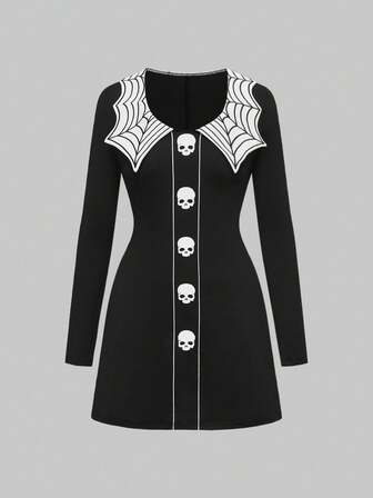 Goth Robe mini évasée avec broderie de toile d'araignée et de crâne