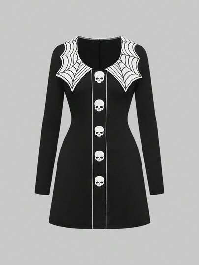 Goth Vestido mini de línea A con bordado de telaraña y calavera