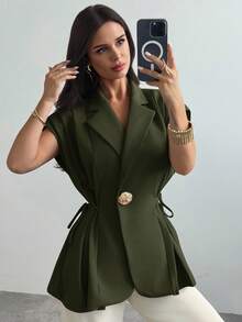 Firerie Ladies New Casual Elegant Versatile Metal Button Linen Olive Thin Suit Jacket/Imitation Linen Suit Jacket/Pleated Tie Top/Business Casual Woman/Teacher Outfits For Women/Vintage Clothes Women/, Office Outfits For Women In Fall/Winter