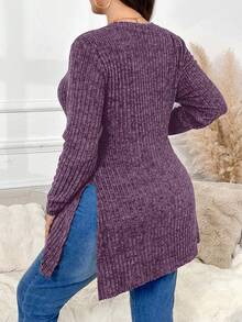 SHEIN Frenchy Plus Size Women's Solid Color Round Neck Side Slit Long Sleeve Casual T-Shirt - Purple - View 6