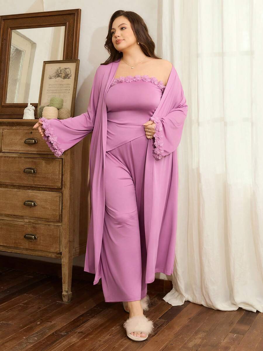 Côtesoire 3件套加大码女士碎花睡衣套装,加大码家居服套装,秋冬睡衣套装 - 藕粉色 - 查看 1