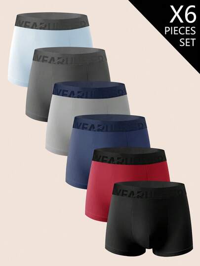 Manfinity Underwear&Sleepwear Basics 6pcs/Pack Plus Size Men's Assorted Color Letter Waistband Boxer Briefs