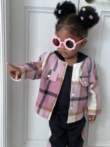 SHEIN 2 pièces Ensemble veste à capuche rose à carreaux patchwork et pantalon à taille élastique pour bébé fille, doux et polyvalent, vêtements de bébé fille pour le printemps/automne/hiver