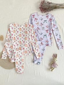 SHEIN Vintaside Kids 4pcs Girls Soft & Comfortable Sleepwear Set, Cute Bear & Bow Print, Casual Loungewear With Long Sleeve Top And Pants Kids Loungewear Soft Pajamas Set Kids Pj Sets "Tight Fit Pajama","Tight Fit","Snug Fit - Multicolor - View 2