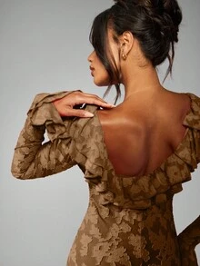 MISSGUIDED Plunge Neck Long Sleeve Ruffle Maxi Dress With Deep V Neckline For Evening Party Wedding Guest - Brown - View 5