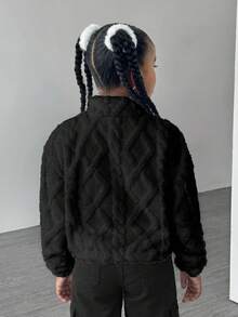 Tween Girls' White Turtleneck Geometric Fleece Casual Jacket - Black - View 2